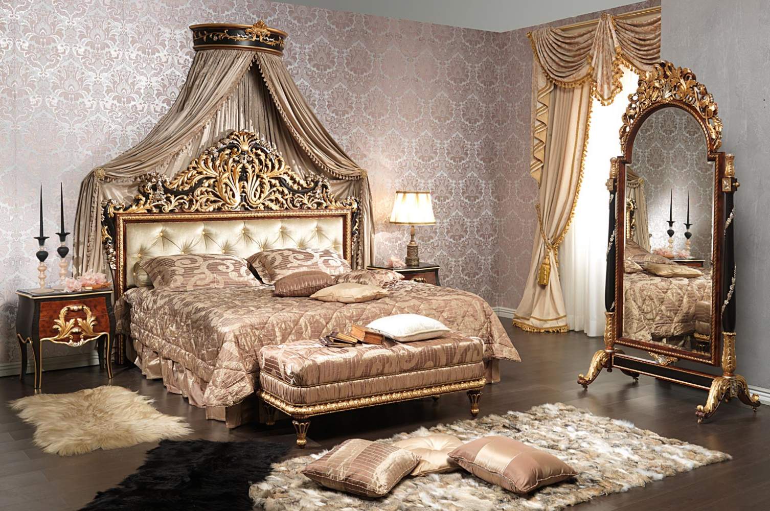 Camera da letto classica Emperador Black in legno intagliato, nero e oro foglia, letto e specchiera su ruote