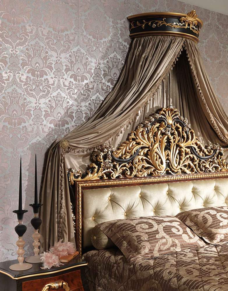 Camera da letto classica Emperador Black, letto con testata intagliata, baldacchino a muro