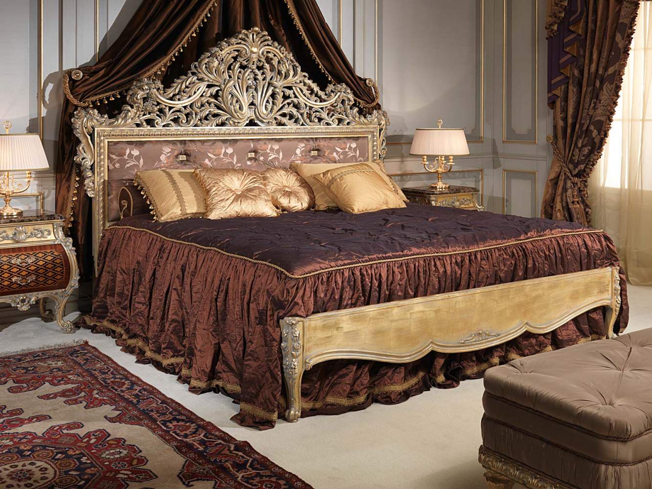 Camera da letto Emperador Gold, stile Luigi XV, mobili classici di lusso
