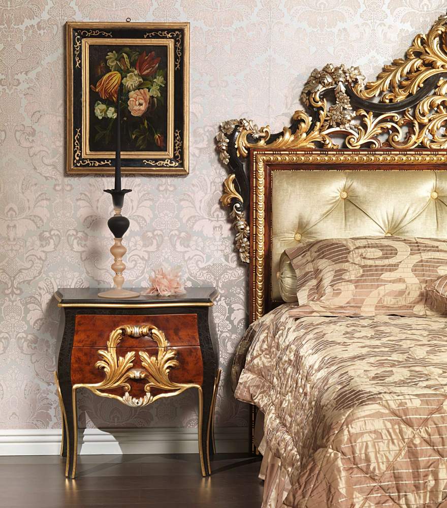 Camera da letto classica Emperador Black, letto e comodino intagliati a mano