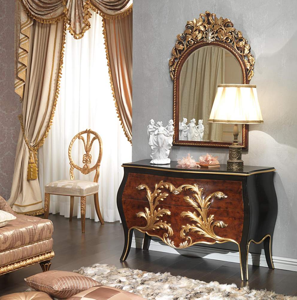 Camera da letto stile Luigi XV Emperador Black, comò e specchiera intagliati